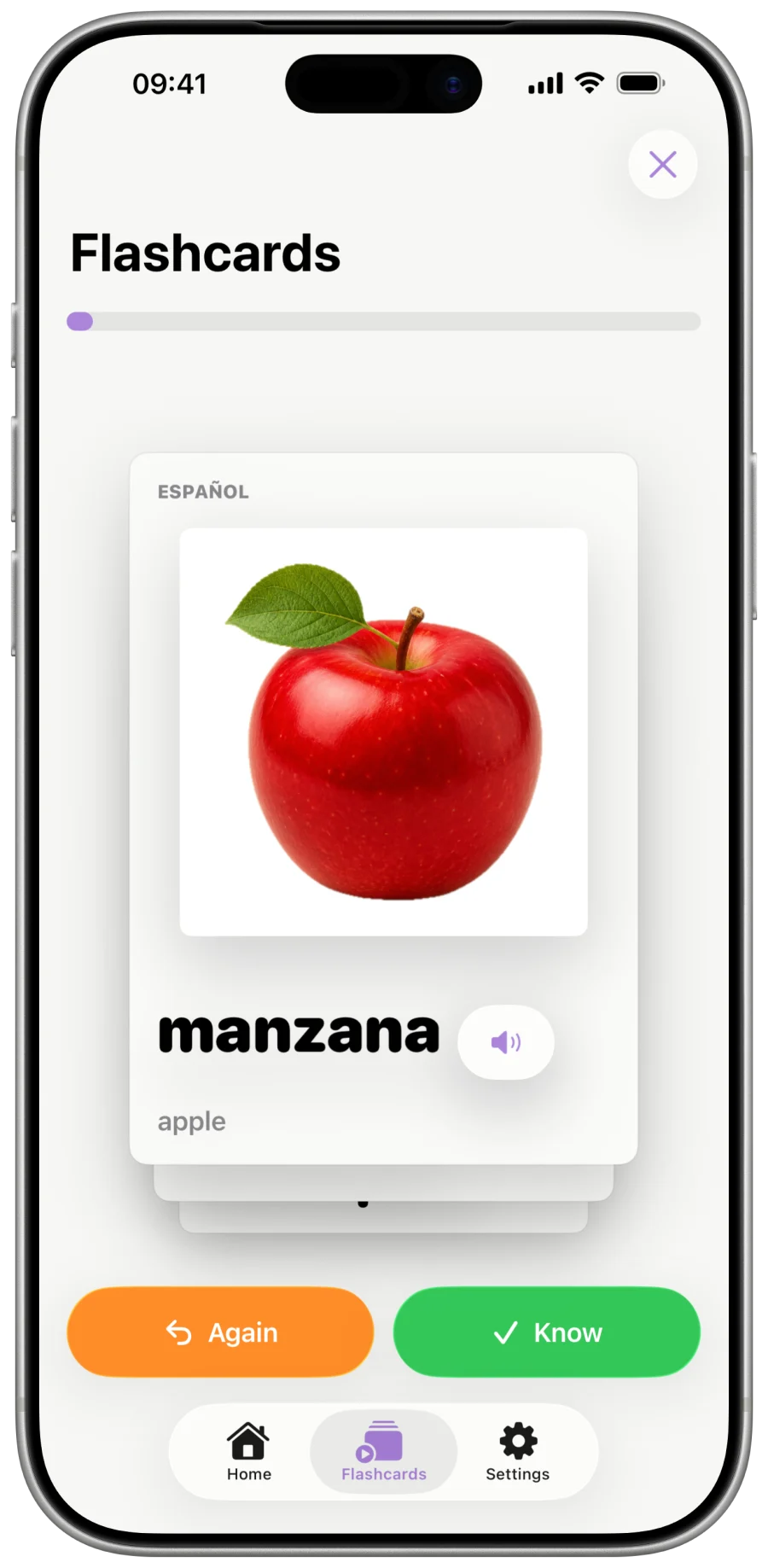 An Immersa flashcard showing an apple