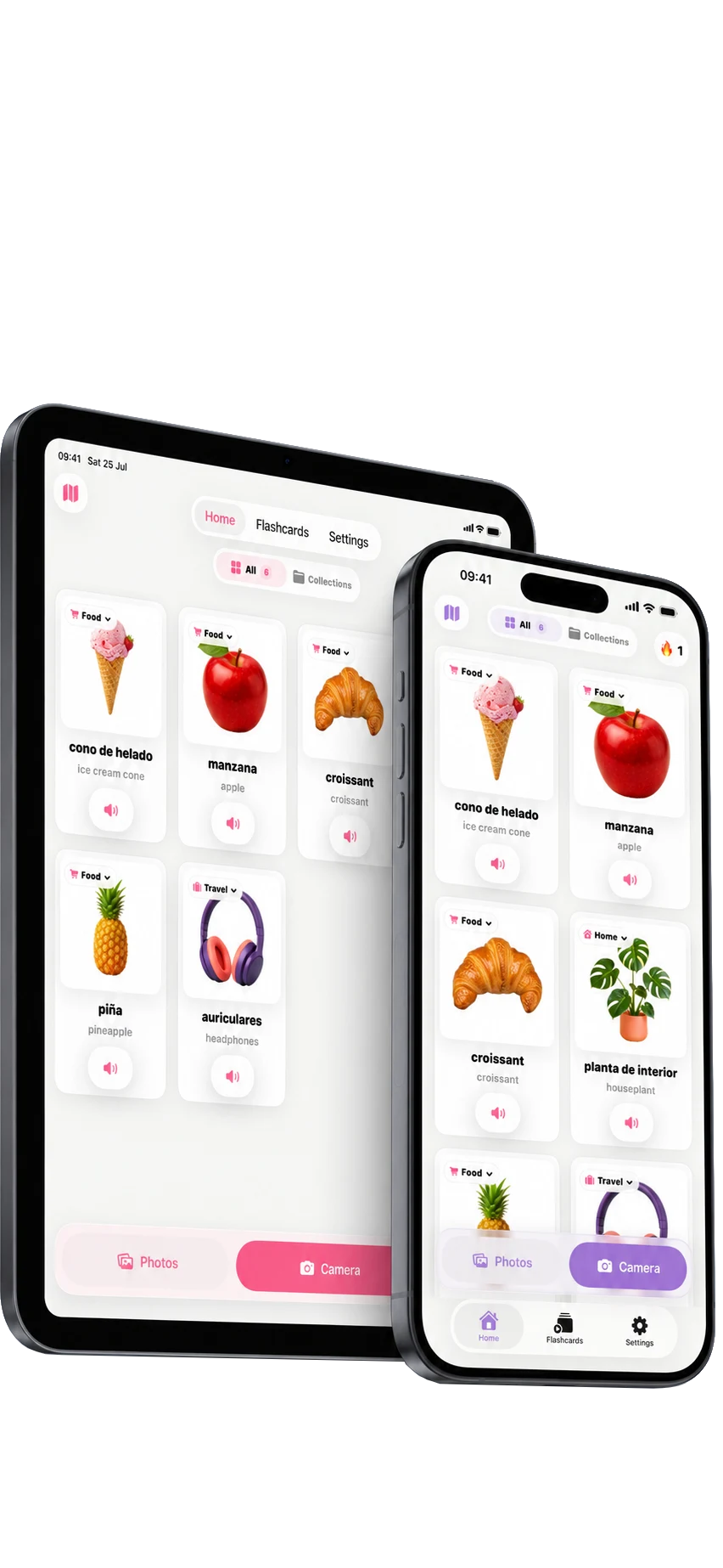 Immersa showing a personal vocabulary library on iPhone and iPad
