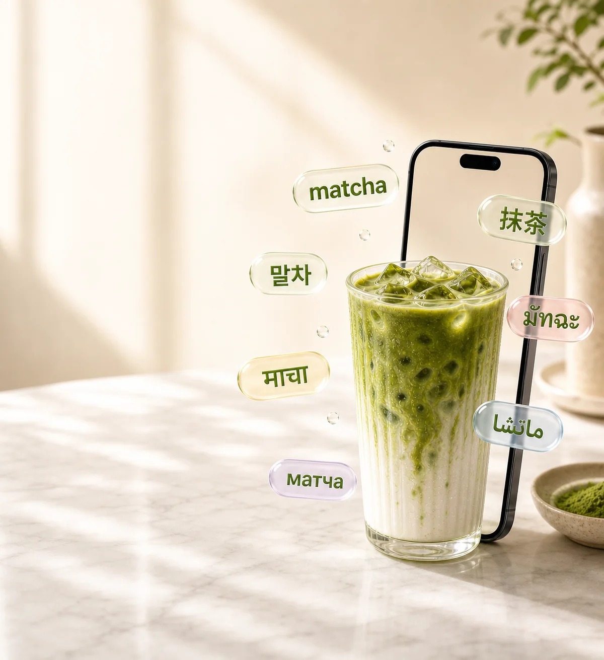 A matcha drink photographed in Immersa with translations around it